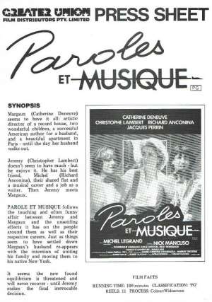 Paroles Et Musique 1984 Movie Press Sheet Catherine Deneuve Christopher Lambert