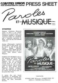 Paroles Et Musique 1984 Movie Press Sheet Catherine Deneuve Christopher Lambert