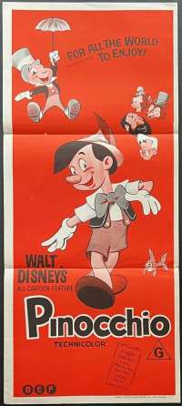 Pinocchio Movie Poster Original Daybill Disney 1970&#039;s Re-Issue Red Art
