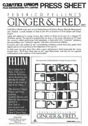 Ginger &amp; Fred 1986 Movie Press Sheet Federico Fellini Marcello Mastroianni